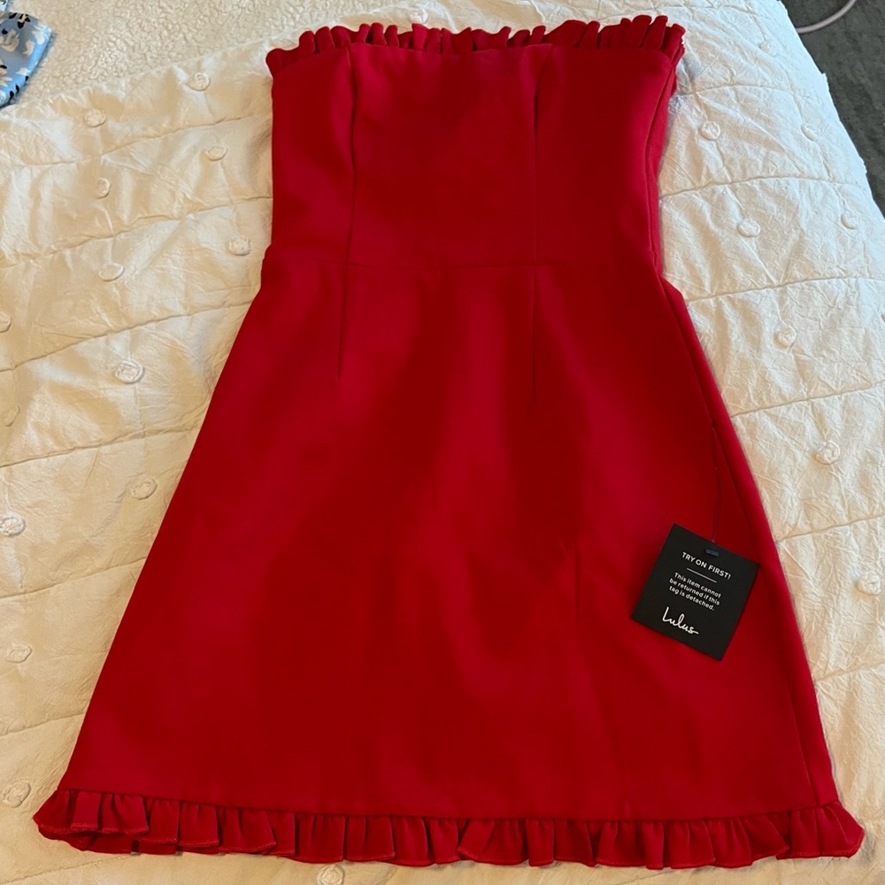 NWT Lulus Red Strapless Mini Dress with Ruffle neckline and hem